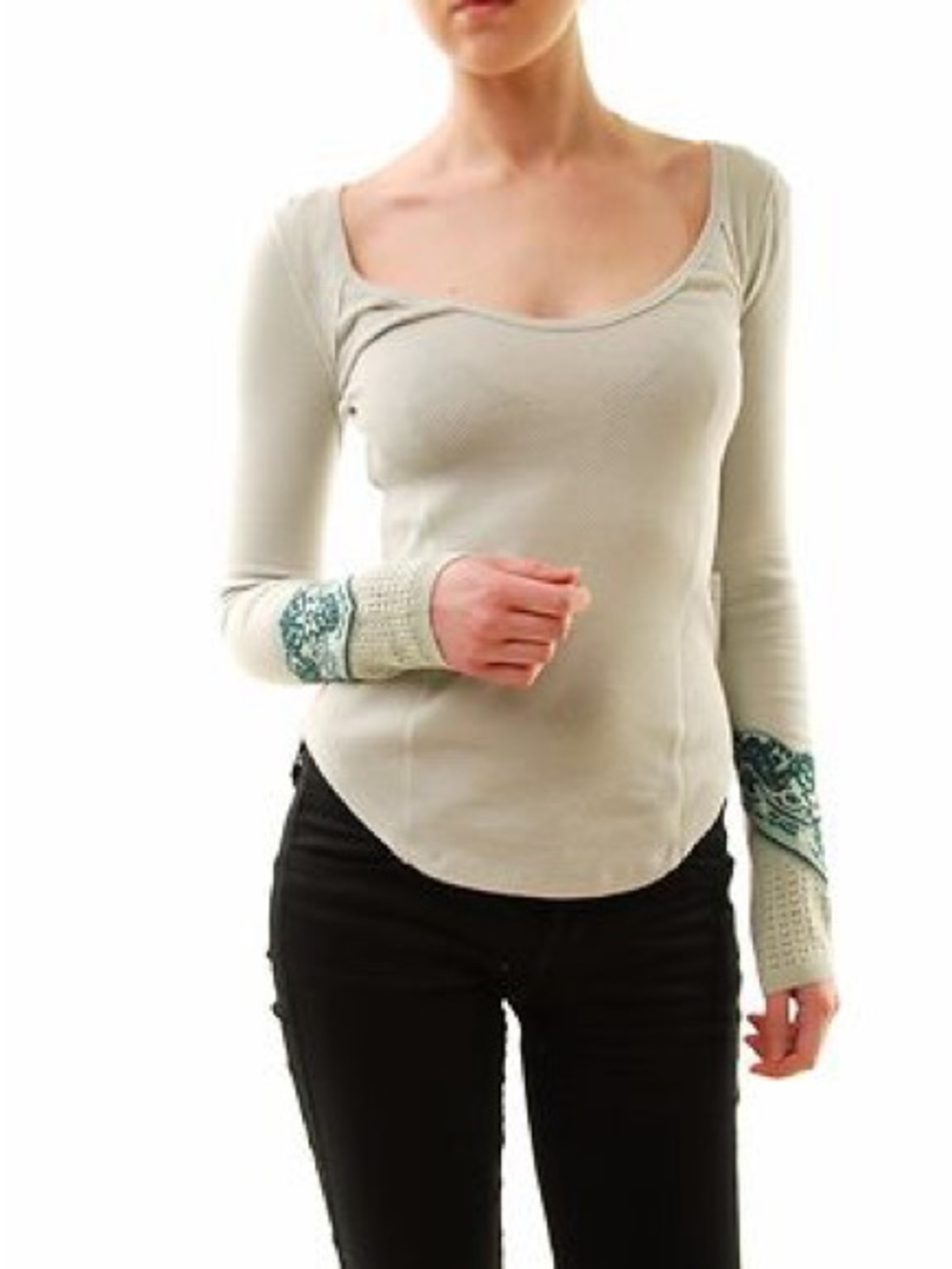 Free People Bandana Cuff Thermal Top Mint Sage Green Raw Edge Lace Detail